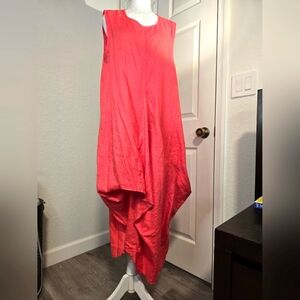 Linen Assimetrical midi coral shade dress. Size M/L